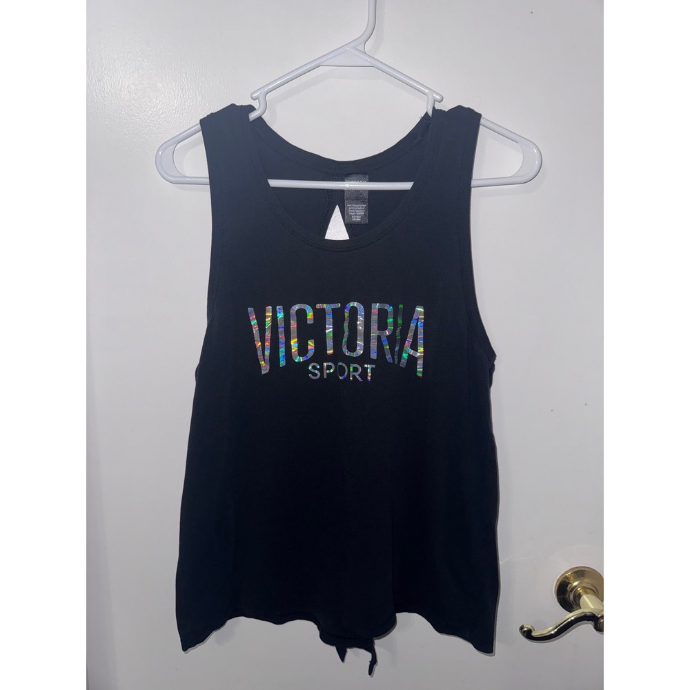 Victoria Sport Womens Black Holographic Logo Open Back Tie Front Tank Top Small